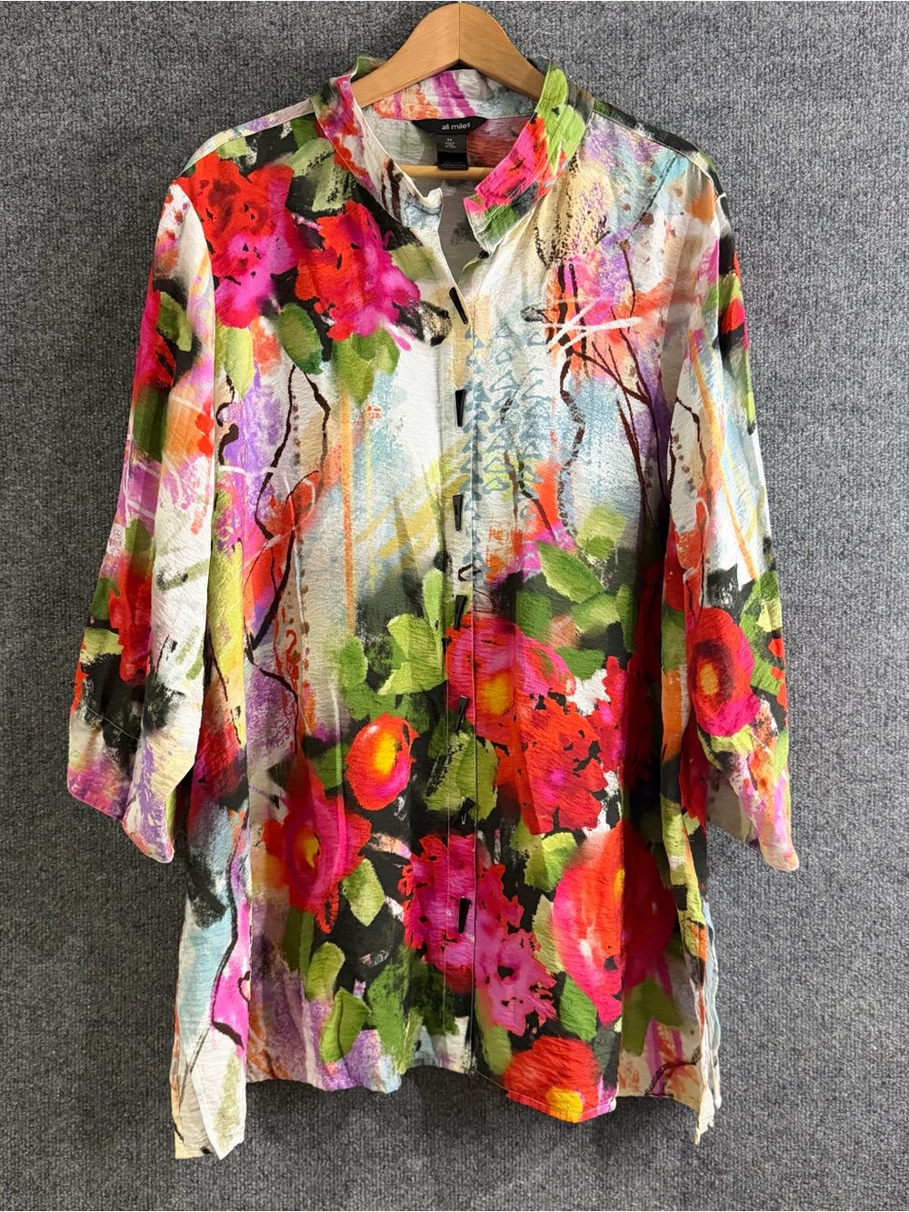 Ali Miles Womens 3X Floral Button Up Tunic 3/4 Sleeve Wire Collar Artsy Office